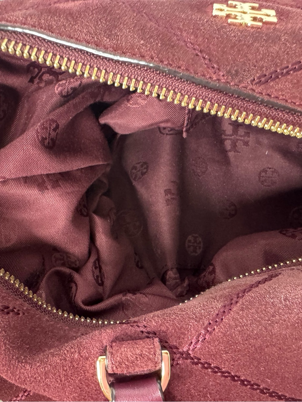 Tory Burch Frida Suede Quilted Satchel Plum Gold EXCELLENT - Picture 9 of 11